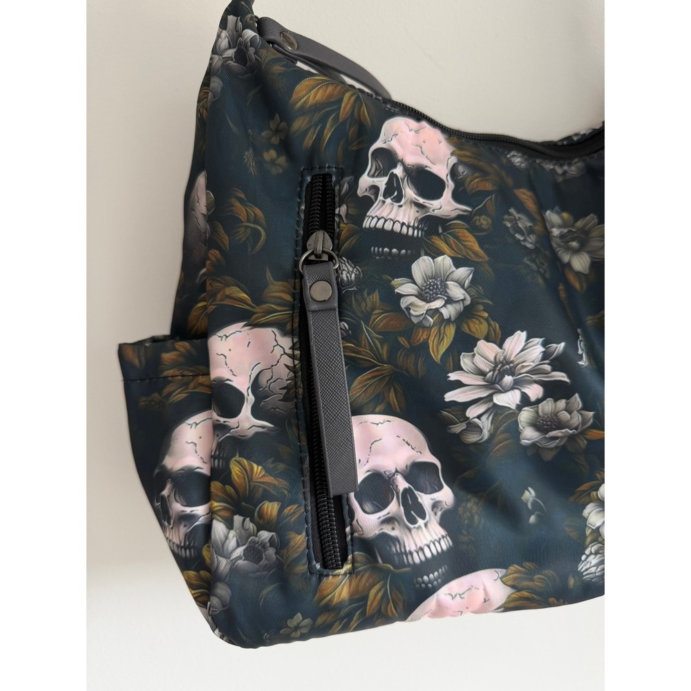 Skull Floral Print Shoulder Bag Medium Black Gothic Grunge Purse - Picture 3 of 9